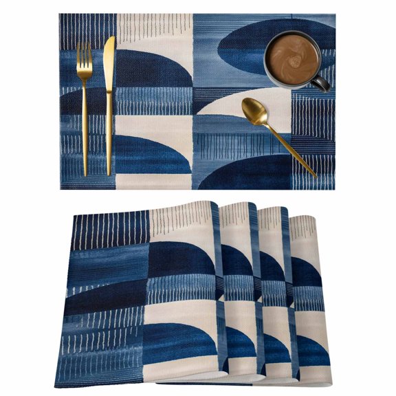 Navy Blue Geometric Placemats Set of 12 Abstract Art Color Block Place Mats Indoor Wipeable Table Mats Washable Cloth Dining Table Placemats for Kitchen Holiday Party Home Decor 13x19 Inch