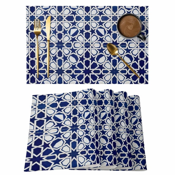 Navy Blue Geometric Placemats Set of 4 Vintage Abstract Art Place Mats Indoor Wipeable Table Mats Washable Cloth Dining Table Placemats for Kitchen Holiday Party Home Decor 13x19 Inch