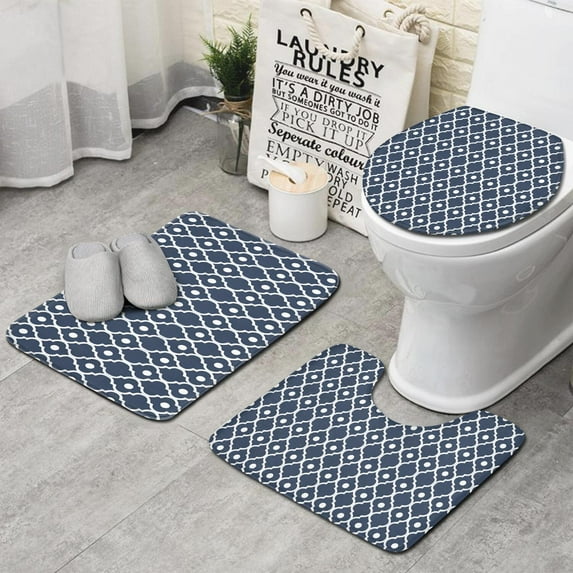 Navy Blue Geometric Quatrefoil Pattern Bathroom Rugs Sets 3 Piece,Toilet Cover Set,Absorbent Non Slip Bathroom Mats Sets with U-Shaped Contour Rug Toilet Rug Set