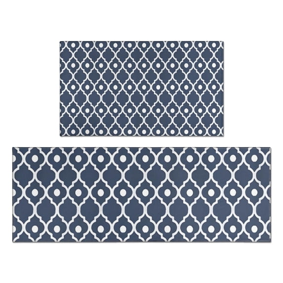 Navy Blue Geometric Quatrefoil Pattern Kitchen Rugs Sets Of 2,Anti Fatigue Kitchen Mat Rugs Non Slip Washable,Decorative Kitchen Floor Mats for Kitchen,Sink,Laundry,17"x30"+17"x47"