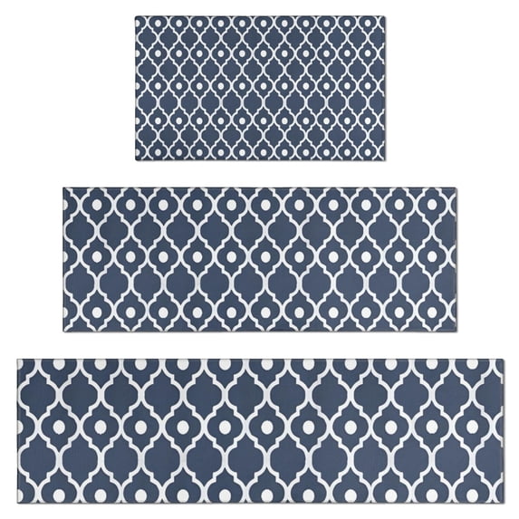 Navy Blue Geometric Quatrefoil Pattern Kitchen Rugs Sets Of 3,Kitchen Runner Rugs Non Skid Washable,Decorative Kitchen Floor Mats for Kitchen,Sink,Laundry,17"x30"+ 17"x47" + 17"x59"