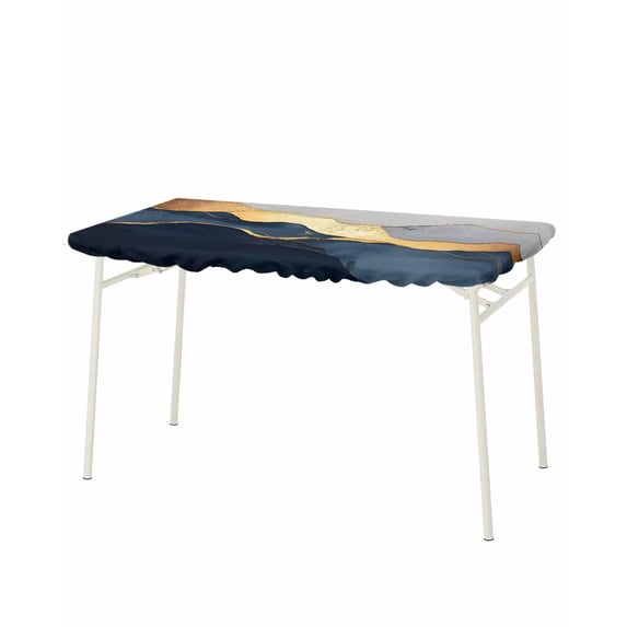 Navy Blue Geometric Rectangle Tablecloth, Waterproof Elastic Fitted Table Covers for 8 Foot Tables, 32x96inch Decorative Tablecloths for Picnic, Camping, Outdoor, Modern Abstract Luxury Golden