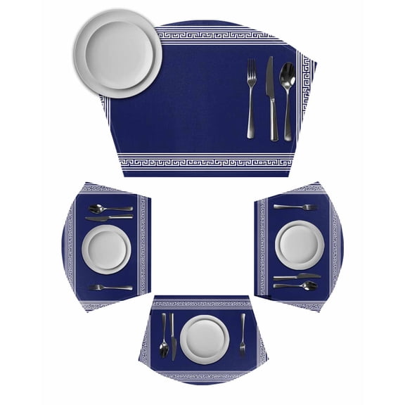 Navy Blue Geometric Round Placemats Set of 2, White Greek Key Farmhouse Placemats for Round Dining Table Shape Wedge Placemats for Outdoor Indoor Wipeable Clean Table Place Mats