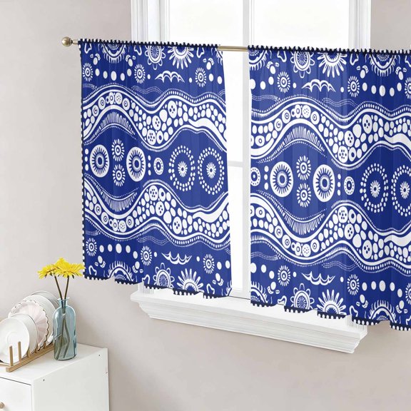 Navy Blue Geometric Sheer Curtains 45 Inch Length 2 Panels Set, Modern Abstract Polka Dots Voile Window Treatment Rod Pocket Small Kitchen Curtains Drapes for Bedroom 52"x45"x2