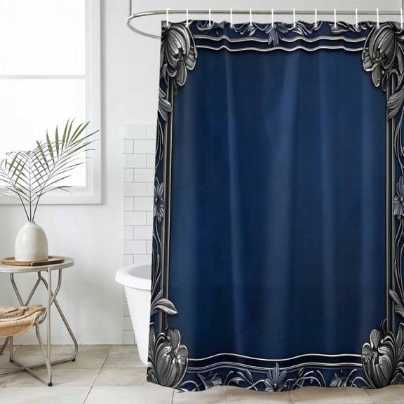 Navy Blue Geometric Small Stall Shower Curtain, Waterproof Shower Curtains for Bathroom, Farmhouse Geo Retro Art Watercolor Washable Fabric Cloth Bath Curtain for Bathtub with Hooks 36x72 Inches