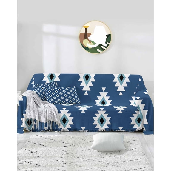 Navy Blue Geometric Sofa Covers for 3 Cushion,Washable Couch Cover for Sectional Sofa Slipcoverwith Tassel,Minimalist Boho Aztec Bohemian Morocco Loveseat Covers Futon Cover Throw Blanket 71x118