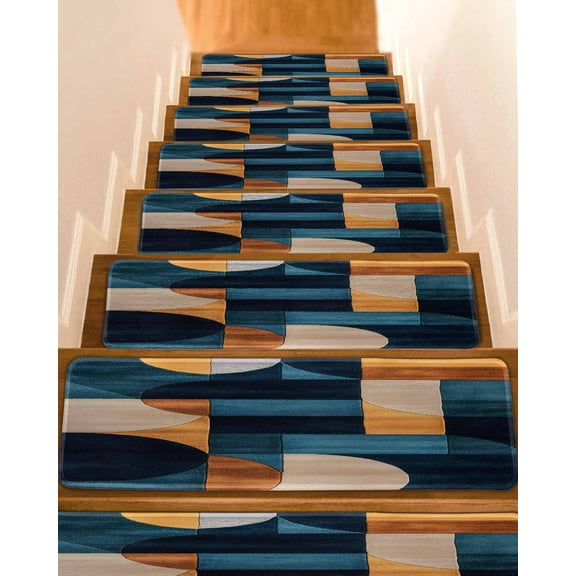 Navy Blue Geometric Stair Treads for Wooden Steps Indoor Runner Rug Carpet, Abstract Art Boho 4 Pieces Peel and Stick Staircase Step Treads Covers Washable Throw Door Mats, 30"x8"