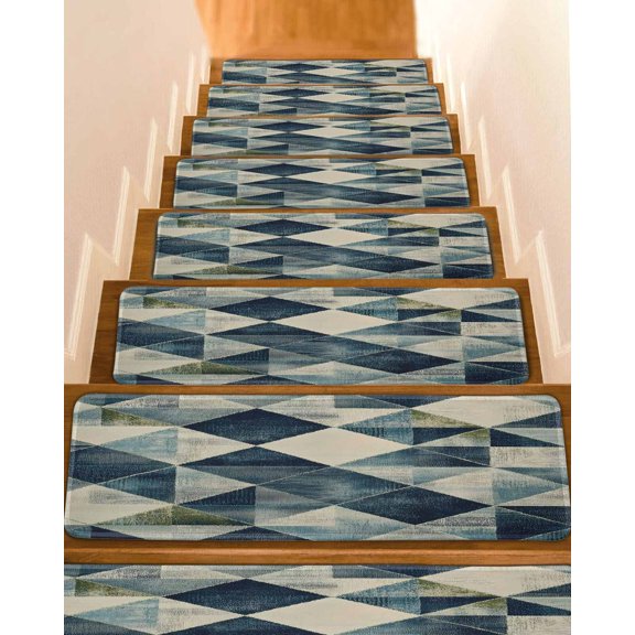 Navy Blue Geometric Stair Treads for Wooden Steps Indoor Runner Rug Carpet, Abstract Modern Green Artwork 4 Pieces Peel and Stick Staircase Step Treads Covers Washable Throw Door Mats, 30"x8"