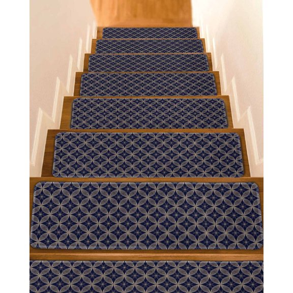 Navy Blue Geometric Stair Treads for Wooden Steps Indoor Runner Rug Carpet, Brown Modern Abstract Art Aesthetics 4 Pieces Peel and Stick Staircase Step Treads Covers Washable Throw Door Mats, 30"x8"