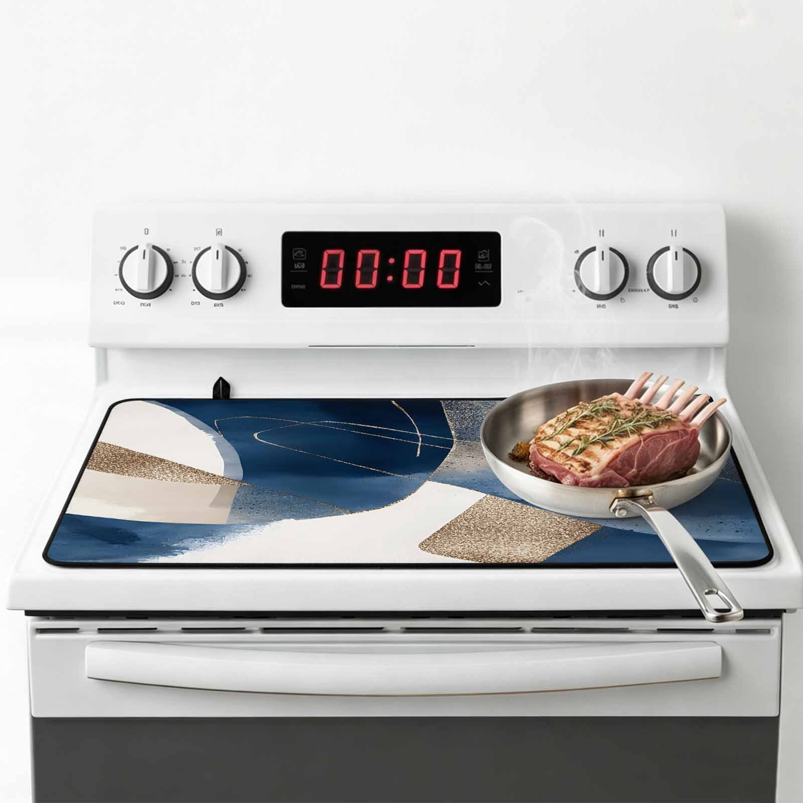 Navy Blue Geometric Stove Top Cover for Electric Stove, Heat-proof & Non Slip Glass Top Stove Cover Protector, Abstract Art Modern Kitchen Flat Cooktop Rubber Mat 24x21 Inches