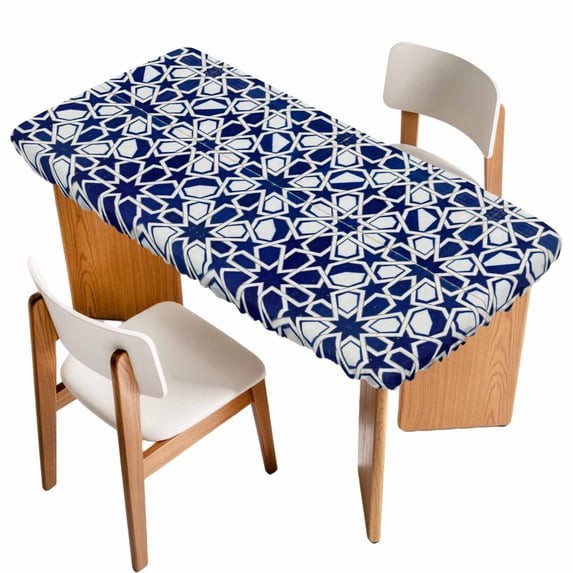 Navy Blue Geometric Table Cloths for 6 Foot Rectangle Tables, Vintage Abstract Art Patio Waterproof Elastic Fitted Tablecloths, Washable Rectangular Table Cover for Camping