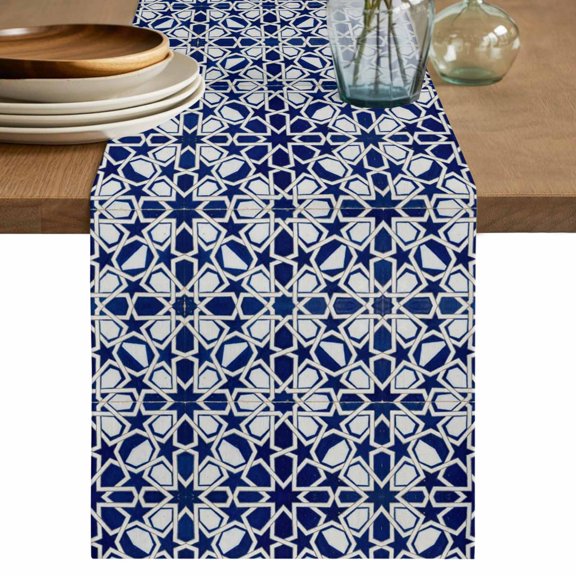 Navy Blue Geometric Table Runner, Vintage Abstract Art Washable Cotton Linen Table Runners 36 Inches Long, Dresser Scarf Runner for Nightstand/End Tables/Round Tables 13''x36''