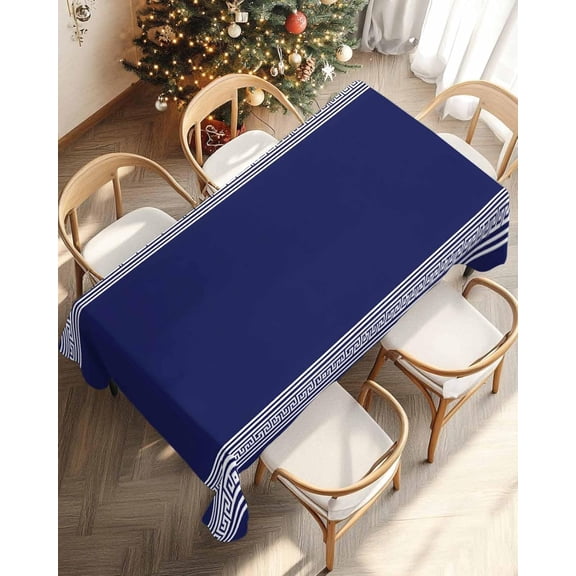 Navy Blue Geometric Table cloth Waterproof Tablecloths, White Greek Key Design Tablecloth Dining Table Cover Cloth for Kitchen Outdoor Tabletop, Abstract Modern Art Rectangle Tablecloth 60x120 Inch