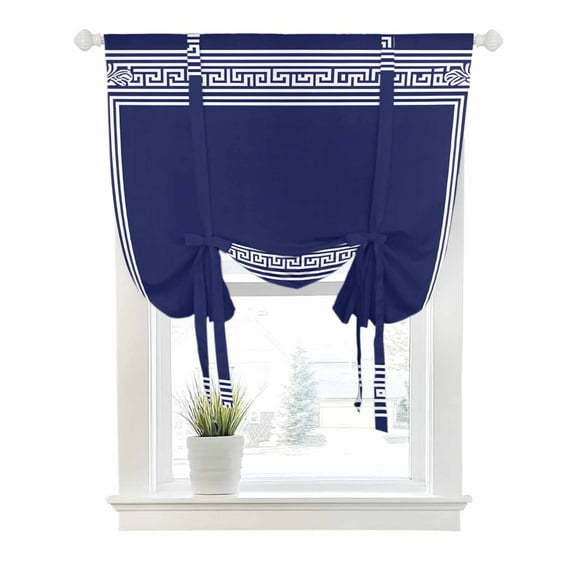 Navy Blue Geometric Tie Up Curtains for Window, Thermal Insulated Balloon Shade Adjustable Rod Pocket Curtains Valance Panels for Kitchen Bathroom Cafe 42 x 63 White Greek Key Farmhouse