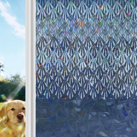 Navy Blue Geometric Window Privacy Film Stain Glass,Reusable Decorative Rainbow Window Film,Modern Plaid Abstract Art Aesthetics Static Cling Sun Blocking Stickers Decals Covers 17.7" x 39.3" (2pcs)