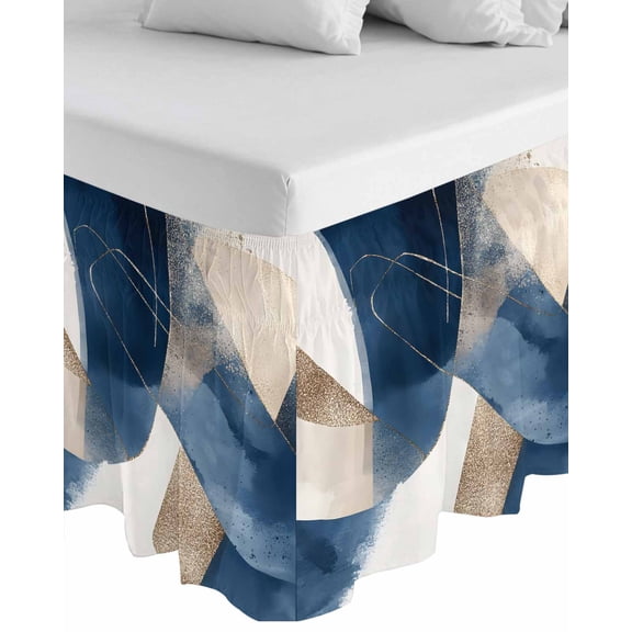 Navy Blue Geometric Wrap Around Bed Skirts for Queen Bed 18" Drop, Bed Skirt with Adjustable Elastic Belt Dust Ruffle Bed Valance for Bedroom Hotel Luxury Abstract Art Modern Bed Frame Cover