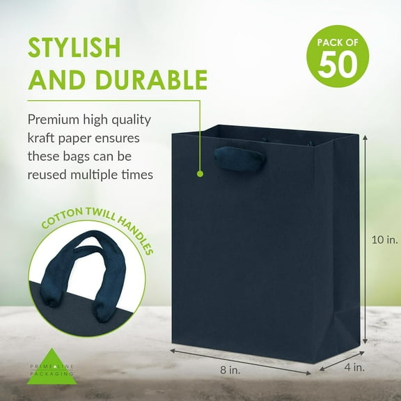Navy Blue Gift Bags with Twill Handles, 50 Pack, Kraft Paper Shopping Bags for Business, Retail, Party