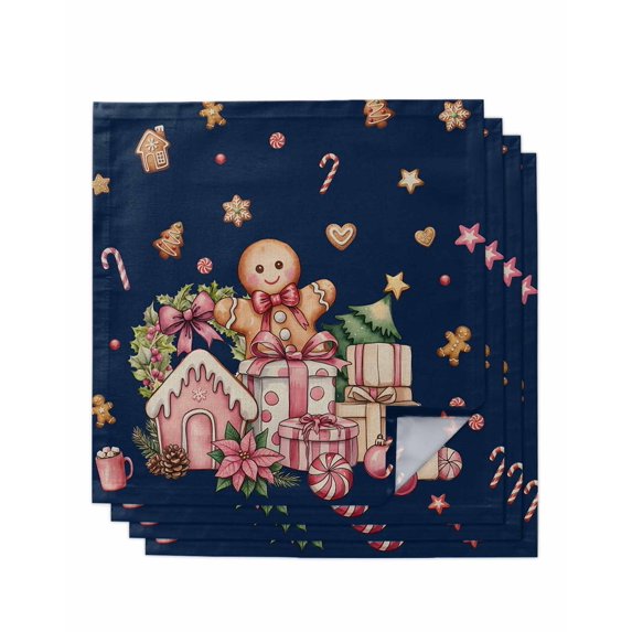 Navy Blue Gingerbread Christmas Cloth Napkins Set of 4 Reusable Dinner Napkins, Xmas Tree Gift House Star Cocktail Napkin Washable Table Napkins for Wedding/Holiday Party/Baby Shower 20"x20"
