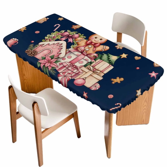 Navy Blue Gingerbread Christmas Table Cloths for 4 Foot Rectangle Tables, Xmas Tree Gift House Star Patio Waterproof Elastic Fitted Tablecloths, Washable Rectangular Table Cover for Camping