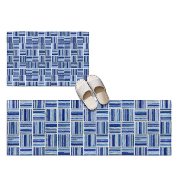 Navy Blue Gingham 2 Pieces Non-Slip Kitchen Mat Set, Minimalist Stripe Plaid Woven Matte Texture Soft Door Mat with Rubber Backing, Dirtproof Rugs for Entrance Doorway, 23.6x35.4in+23.6x70.9in