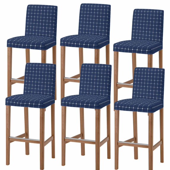 Navy Blue Gingham Bar Stool Covers - Stretch Dining Chair Covers Set of 6, Modern Minimalist Geometric Plaid Bar Chair Cover Removable Counter Stool Pub Chairs Slipcovers Protectors for Kitchen/Cafe