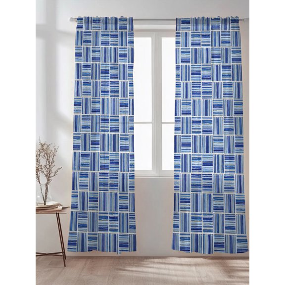 Navy Blue Gingham Sheer Curtains 84 inches Long 2 Panels Set Minimalist Stripe Plaid Woven Matte Texture Tiers Sheers Rod Pocket Small Window Short Curtains for Kitchen Cafe, Each 52" W x 84" L