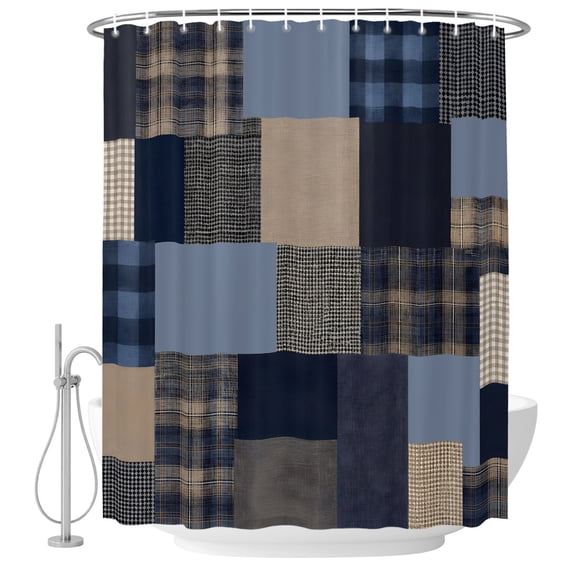 Navy Blue Gingham Shower Curtain Set - Small 36" x 72" Washable Bathtub Curtain with 12 Hooks, Abstract Plaid Solid Color Patchwork Waterproof Fabric Stall Shower Curtains for Bathroom/Bathtub Décor