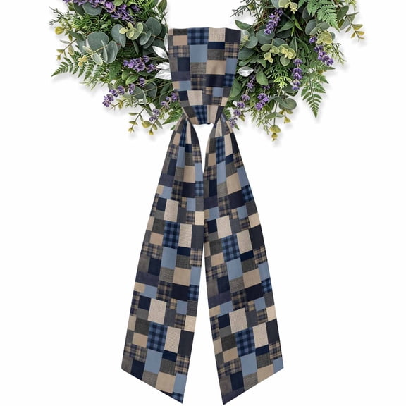 Navy Blue Gingham Wreath Sash for Front Door 4.5"x56", Vintage Classic Americana Beige Plaid Patches Double-Sided Bow Ribbon Decor for Wreaths, Stair Railings, Fireplace Mantel