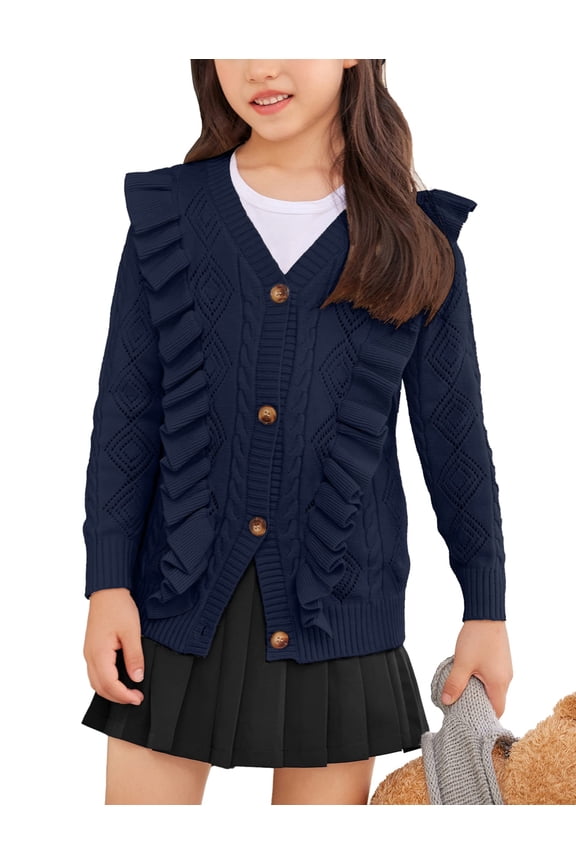 Navy Blue Girls Cardigan 4-5 Years  Ruffled Crop Lightweight Knit Sweater