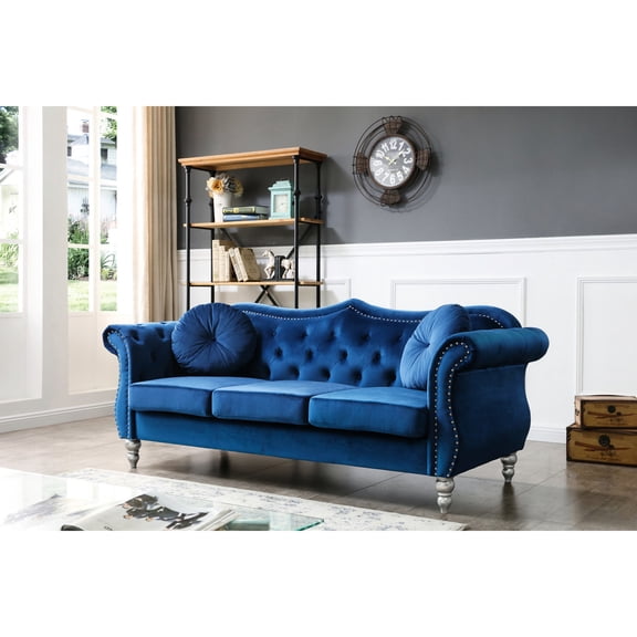 Navy Blue Glam Sofa with Tufted Arms/Stylish Addition to Your Room