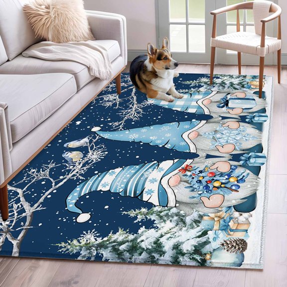 Navy Blue Gnomes Christmas Area Rug 3x5 FT,Non Slip Entryway Bedside Carpet,Snowflake Xmas Tree Winter Branches Washable Soft Floor Carpet Indoor Mat Throw Rug for Dorm Kitchen Home Office