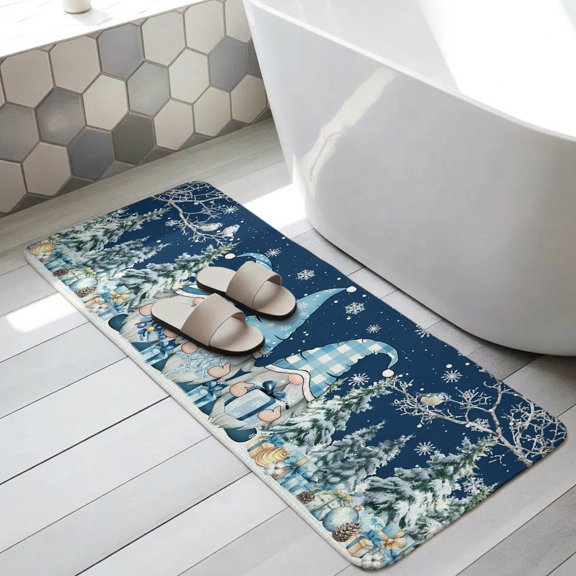 Navy Blue Gnomes Christmas Bathroom Runner Rugs Non Slip Washable Absorbent Narrow Long Bath Mat Snowflake Xmas Tree Winter Branches Runner Rugs for Kitchen Hallway Bedroom Laundry 19.7"x63"