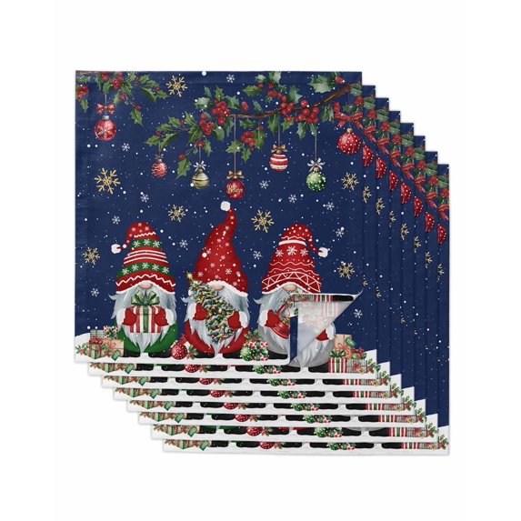 Navy Blue Gnomes Christmas Cloth Napkins Set of 8 Reusable Dinner Napkins, Xmas Ball Gifts Snowflake Cocktail Napkin Washable Table Napkins for Wedding/Holiday Party/Baby Shower 20"x20"