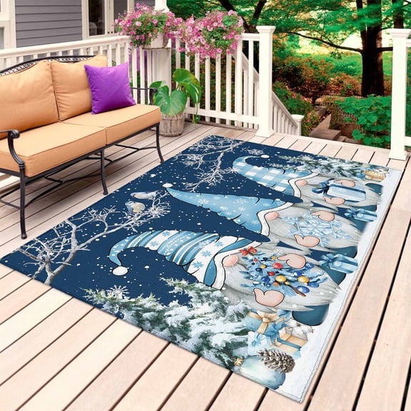 Navy Blue Gnomes Christmas Outdoor Rug 3x5 Ft, Non Slip Washable Area Rug, Snowflake Xmas Tree Winter Branches Patio Rugs Carpet Runner, Large Floor Mat for Indoor/Outdoor Deck Porch Camping