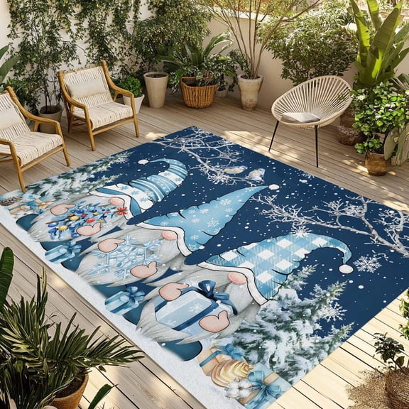 Navy Blue Gnomes Christmas Outdoor Rug 6x9 Ft - Reversible Patio Rug Outdoor Camping Rugs, Snowflake Xmas Tree Winter Branches Indoor Outdoor Area Rugs, Non-Slip Outdoor Carpet Runner for Deck/Porch