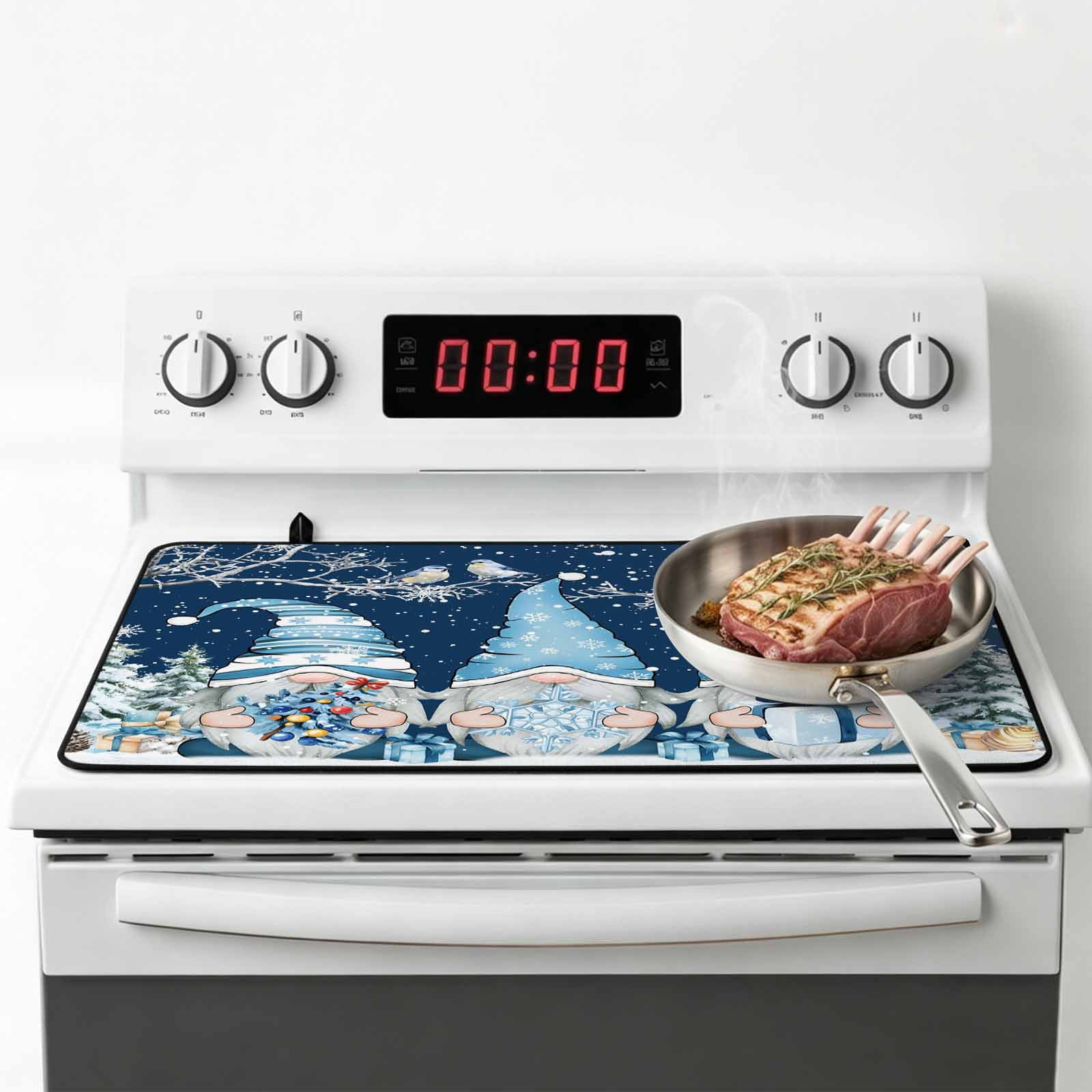 Navy Blue Gnomes Christmas Stove Top Cover for Electric Stove, Heat-proof & Non Slip Glass Top Stove Cover Protector, Snowflake Xmas Tree Winter Branches Kitchen Flat Cooktop Rubber Mat 24x21 Inches
