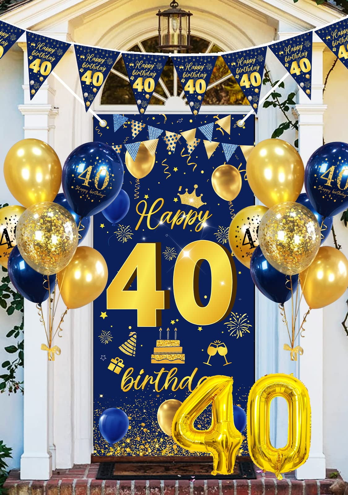 Navy Blue Gold 40th Birthday Decorations, Vertical Happy 40th Birthday ...