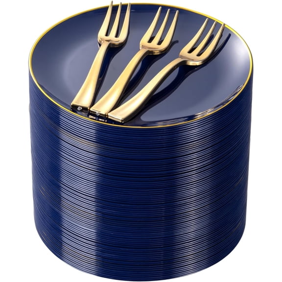 Navy Blue Gold 6.3 Inch Disposable Dessert Plates with 5 Inch Plastic Forks Set of 100 Plates and 100 Forks