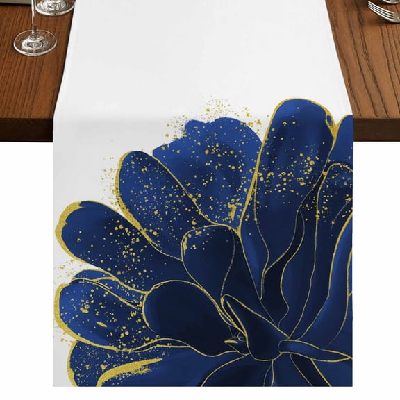 Navy Blue Gold 60 Inch Table Runner, Abstract Line Art Troditional Ink Painting Farmhouse Dresser Scarf Cotton & Linen Tablerunner for Dining/Kitchen Island/Holiday Party Décor 13" x 60"