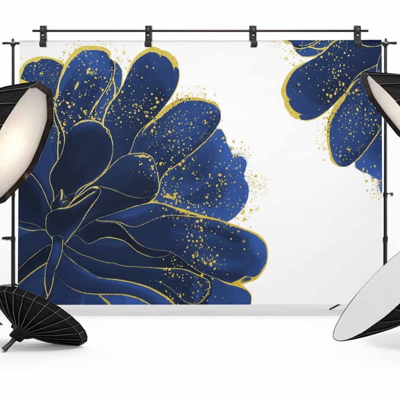 Navy Blue Gold Backdrop for Photography,Fabric Photo Background Backdrop,Abstract Line Art Troditional Ink Painting Photo Booth Background for Portrait Photoshoot Video Wedding Banner 7x5ft