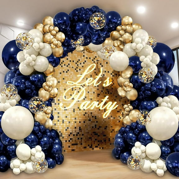 Navy Blue Gold Balloon Graland Arch Kit, Double Stuffed Pearl White Royal Blue Chrome Gold with Confetti Balloons for New Year Graduation Birthday Wedding Party Decorations