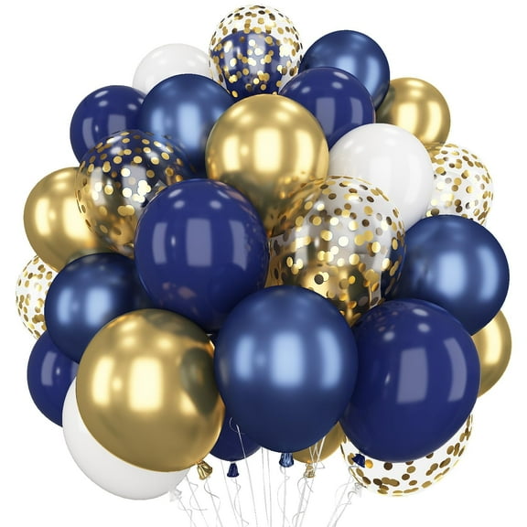 Navy Blue and Gold Balloons, 50 Packs 12 inch Navy Blue and Metallic Chrome Gold Confetti Balloons with Ribbons for Birthday, Baby Shower, Graduation, Eid Ramadan Decorations