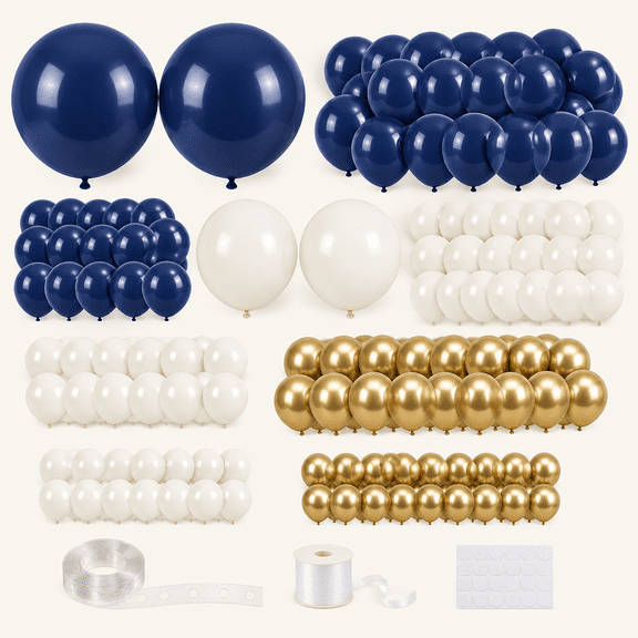 Navy Blue Gold Balloons Garland Arch Kit - Different Sizes Double Stuffed Pearl White Royal Blue Chrome Gold Latex Balloons for Graduation Wedding Birthday Party Decorations
