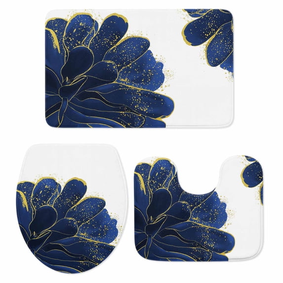 Navy Blue Gold Bath Mat 3 Piece Bathroom Rug Set, Abstract Line Art Troditional Ink Painting Non Slip Bath Rug Contour Mat and Toilet Lid Cover, Absorbent Shower Mats Soft Bath Rugs and Mats Sets