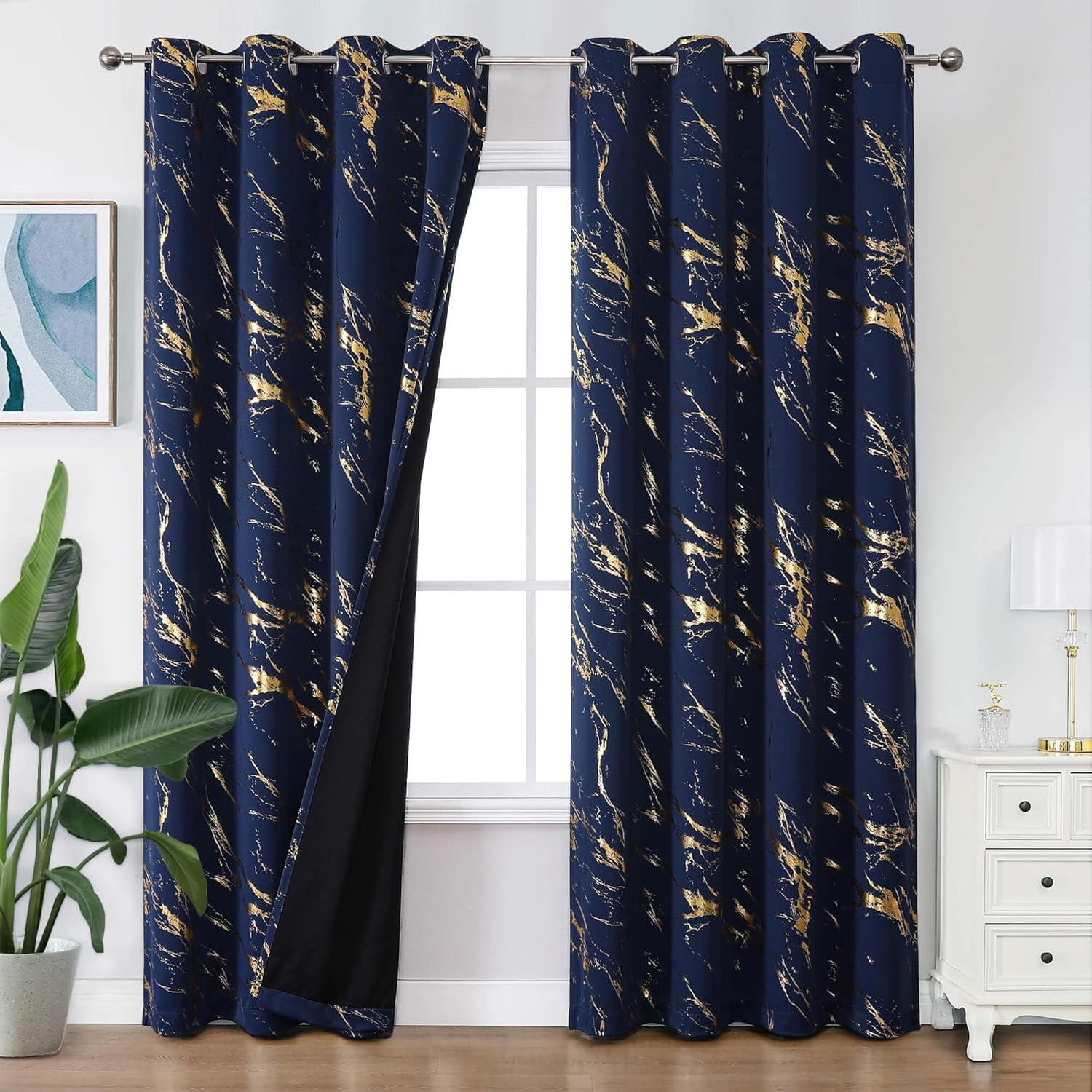 Navy Blue and Gold Blackout Patterned Curtains, Gold Marble Printed Thermal Insulated Curtain Modern Abstract Drapes for Bedroom Living Room Dining Room 42"W x 84"L (Pack of 2)