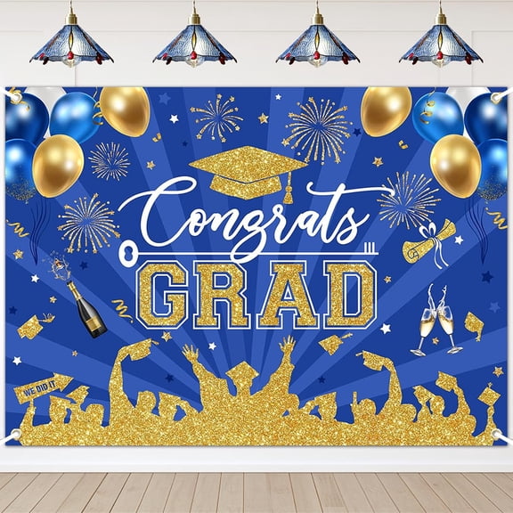 Navy Blue Gold Congrats Grad Backdrop Balloons Stars Confetti Class of 2026 Graduation Background Congratulate Graduate Party Decorations Banner Photo Booth Props