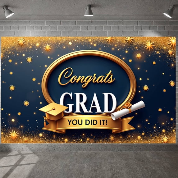 Navy Blue & Gold Congrats Grad Banner Golden Star Graduation Backdrop Glittery Graduation Display for Graduation Parties Campus Celebrations Photo Shoots