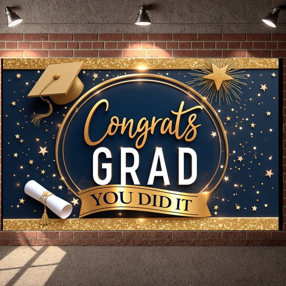 Navy Blue & Gold Congrats Grad Banner Golden Star Graduation Backdrop Glittery Graduation Display for Graduation Parties Campus Celebrations Photo Shoots