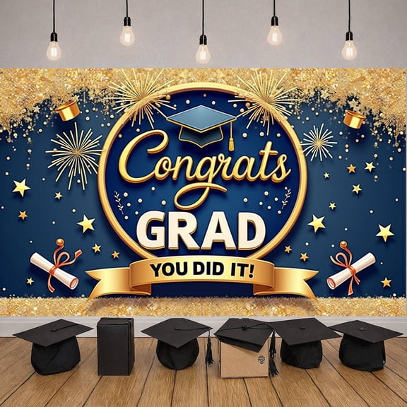 Navy Blue & Gold Congrats Grad Banner Golden Star Graduation Backdrop Glittery Graduation Display for Graduation Parties Campus Celebrations Photo Shoots