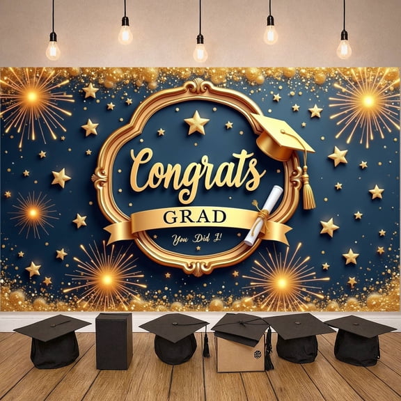 Navy Blue & Gold Congrats Grad Banner Golden Star Graduation Backdrop Glittery Graduation Display for Graduation Parties Campus Celebrations Photo Shoots